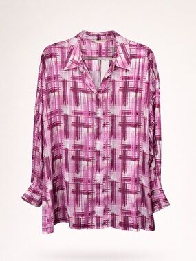 Soft Surroundings Blouse Size L Pink Abstract Sheer Lightweight Button Front Top